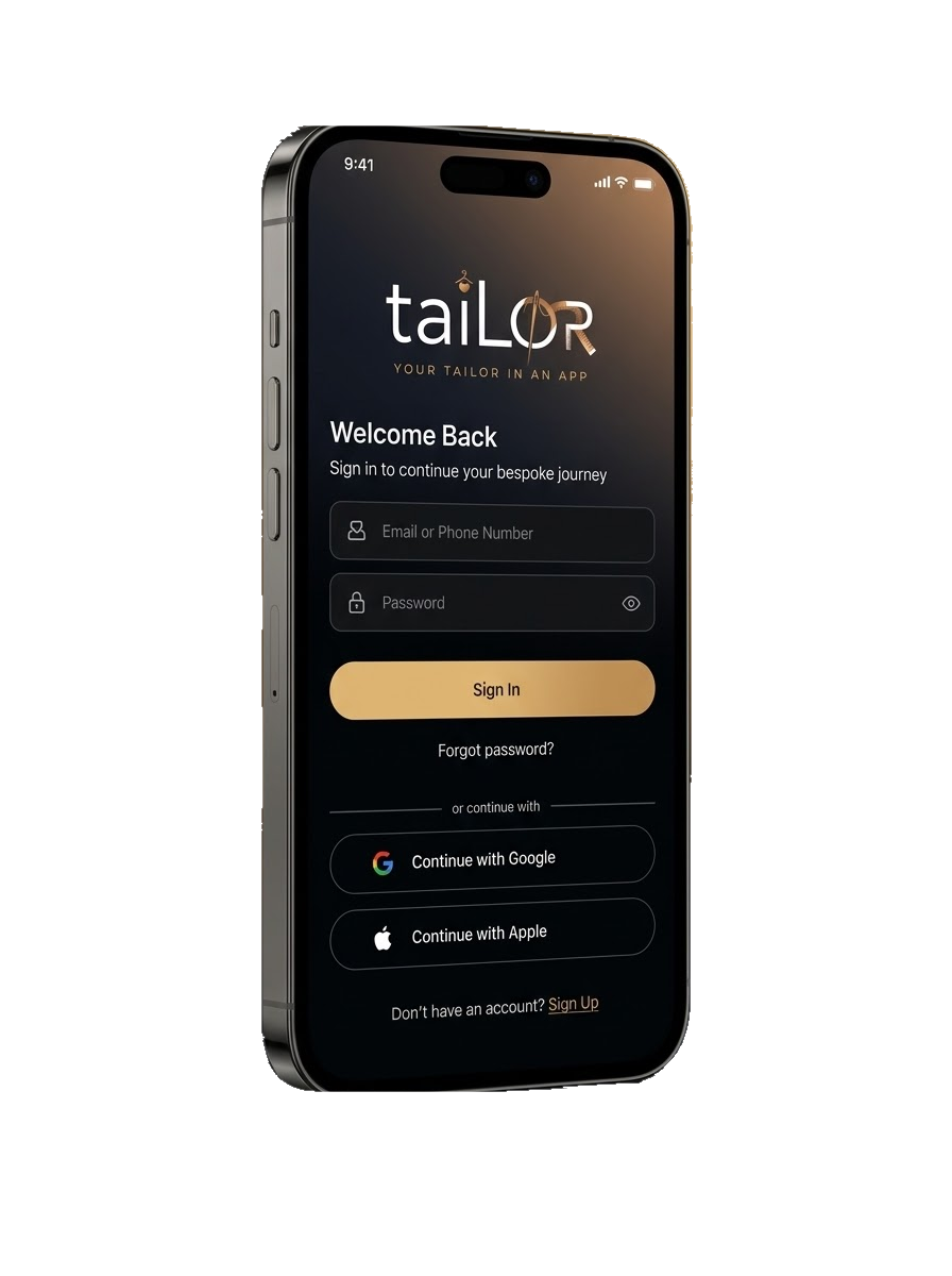 taiLOR App 3D Mockup - Authentication and Onboarding Flow